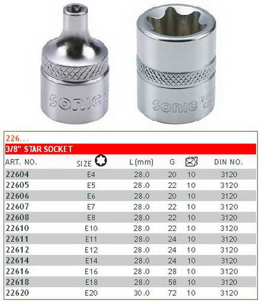 Sockets and screwdrivers Socket E-Torx, Size: 4, 3/8", Length: 28 mm  Art. 22604SON