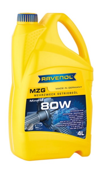 Gear oils Gear oil MZG (4L) 80 API GL-4; FORD SQ-M2C9008-A; MAN 341 TYPE E1; MAN 341 TYPE Z1; MB 235.1; MIL-L-2105D; ZF TE-ML 02A; ZF TE-ML 17A  Art. RAVMZGSAE804L