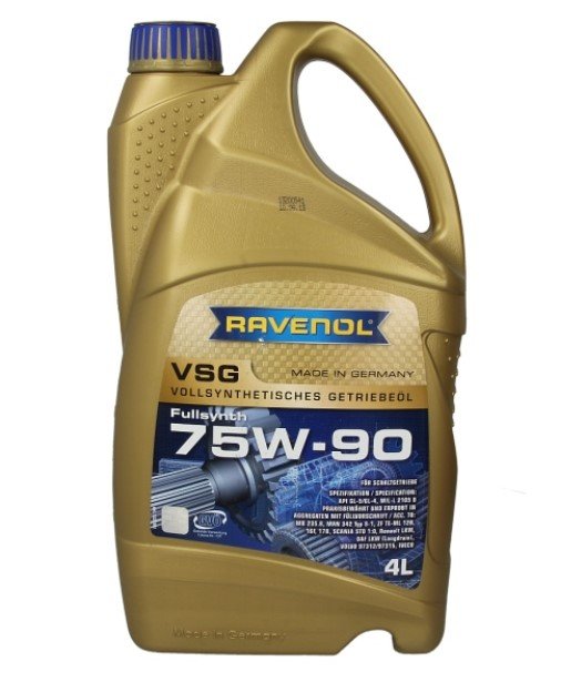 Gear oils Gear oil VSG (4L) 75W90 API GL-4; GL-5; BMW 83229407768; BMW OSP; BMW SAF-XO; DAF trucks; IVECO BOT 130M; IVECO BOT 328; IVECO BOT 720; MAN 342 TYPE S1; MB 235.11; MB 235.8; MIL-L-2105D; RENA  Art. RAVVSG75W904L