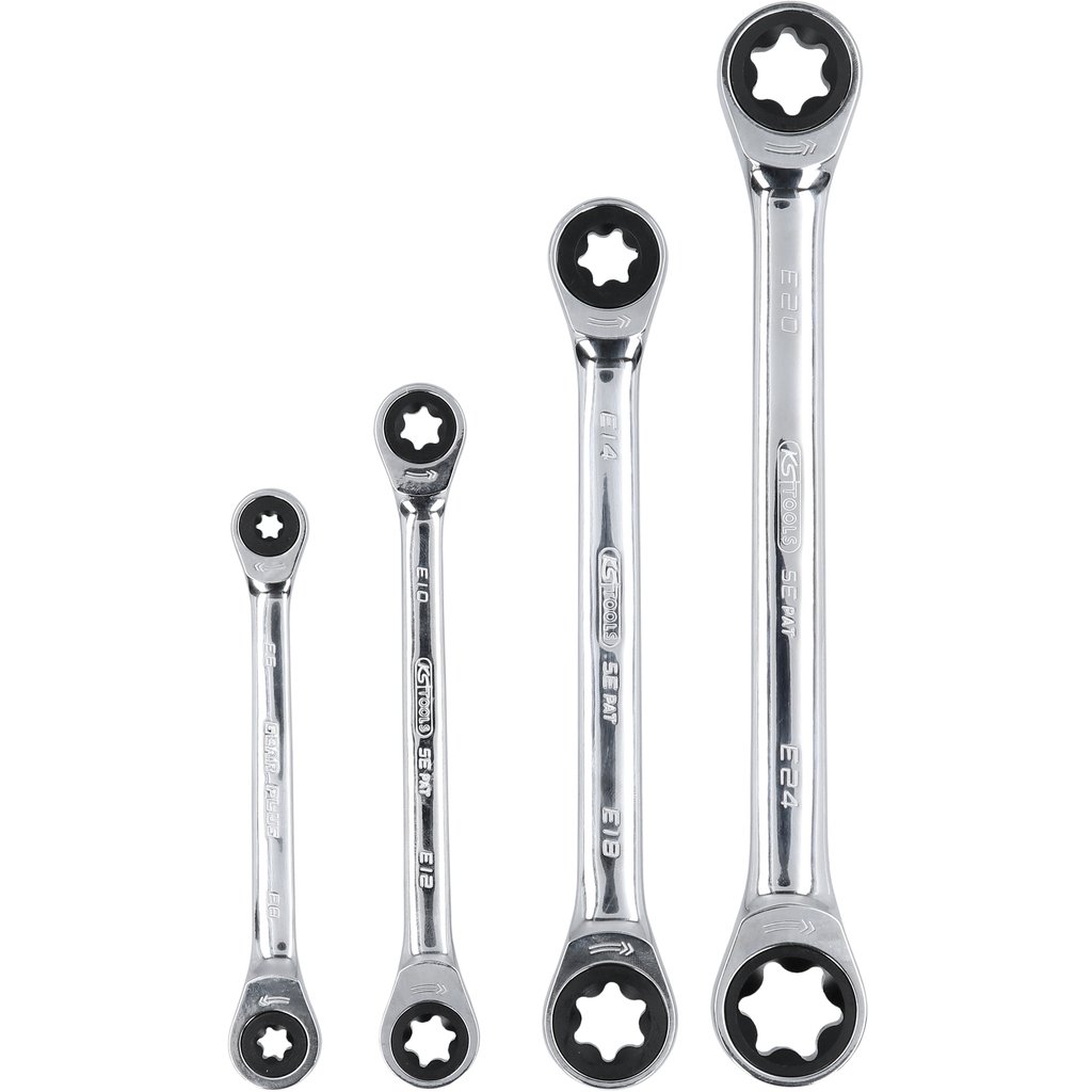 Open-end wrenches, spanners, socket wrenches, etc. Ratchet wrench set, double-headed, Size: E6xE24, 4 pcs  Art. 5034364