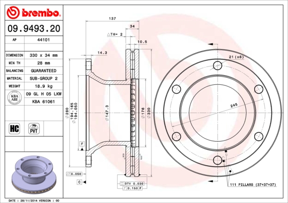 Jarrulevy (Front axle, Rear axle)  Art. 09949320