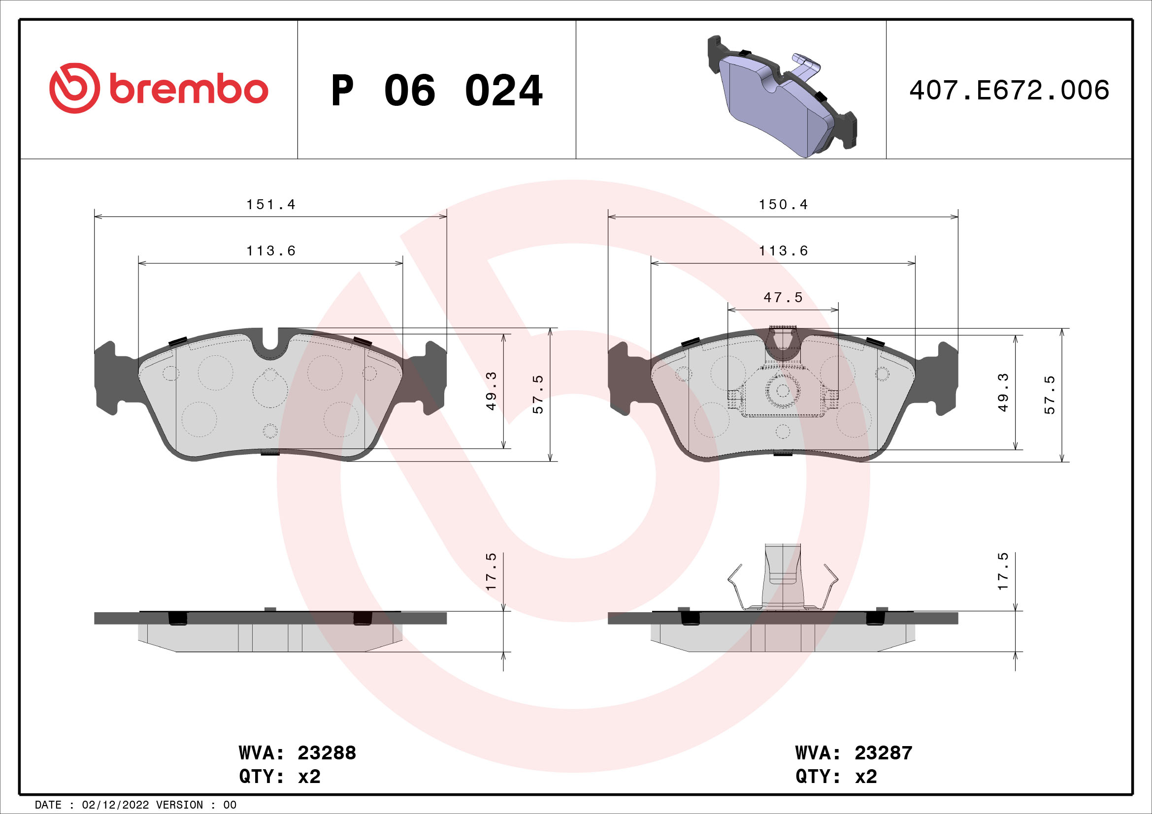 Brake Pad Set, disc brake (Front axle)  Art. P06024