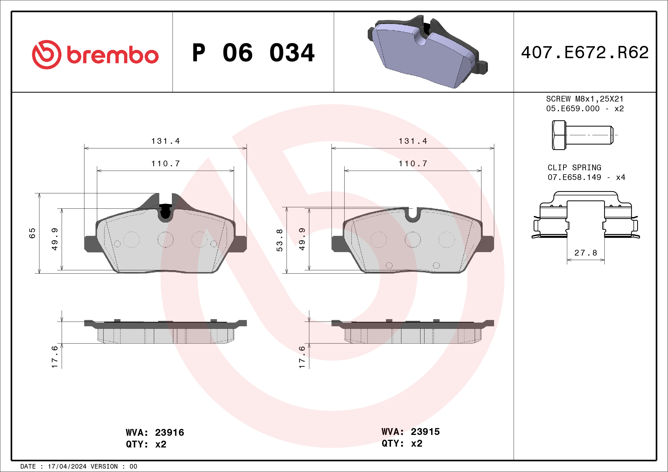 Brake Pad Set, disc brake (Front axle)  Art. P06034