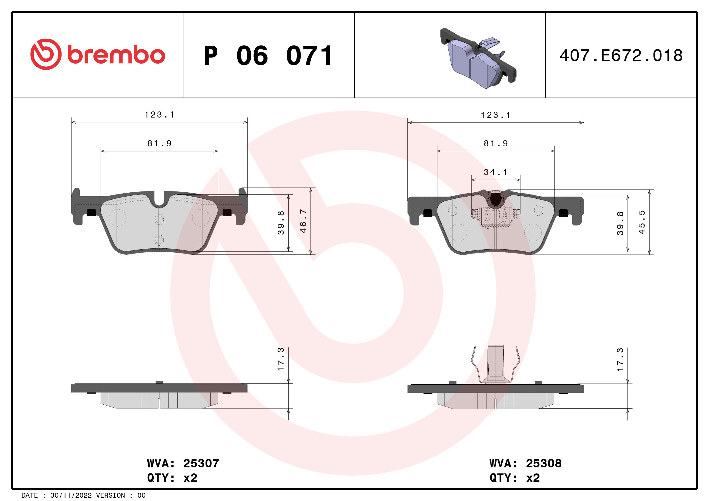 Brake Pad Set, disc brake (Rear axle)  Art. P06071