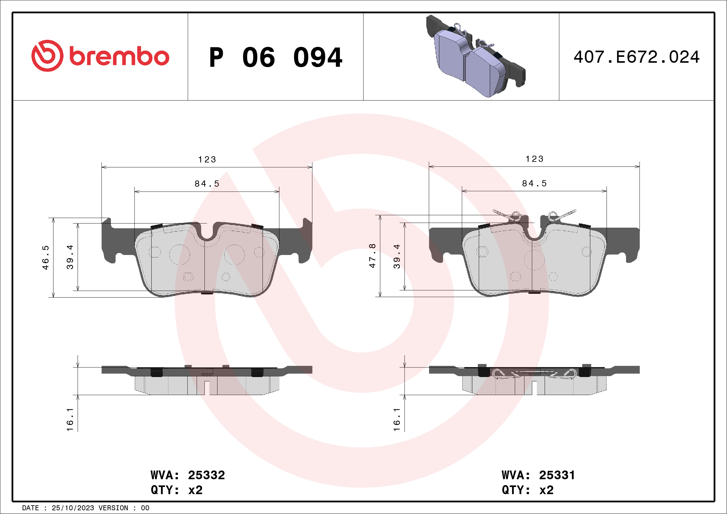 Brake Pad Set, disc brake (Rear axle)  Art. P06094