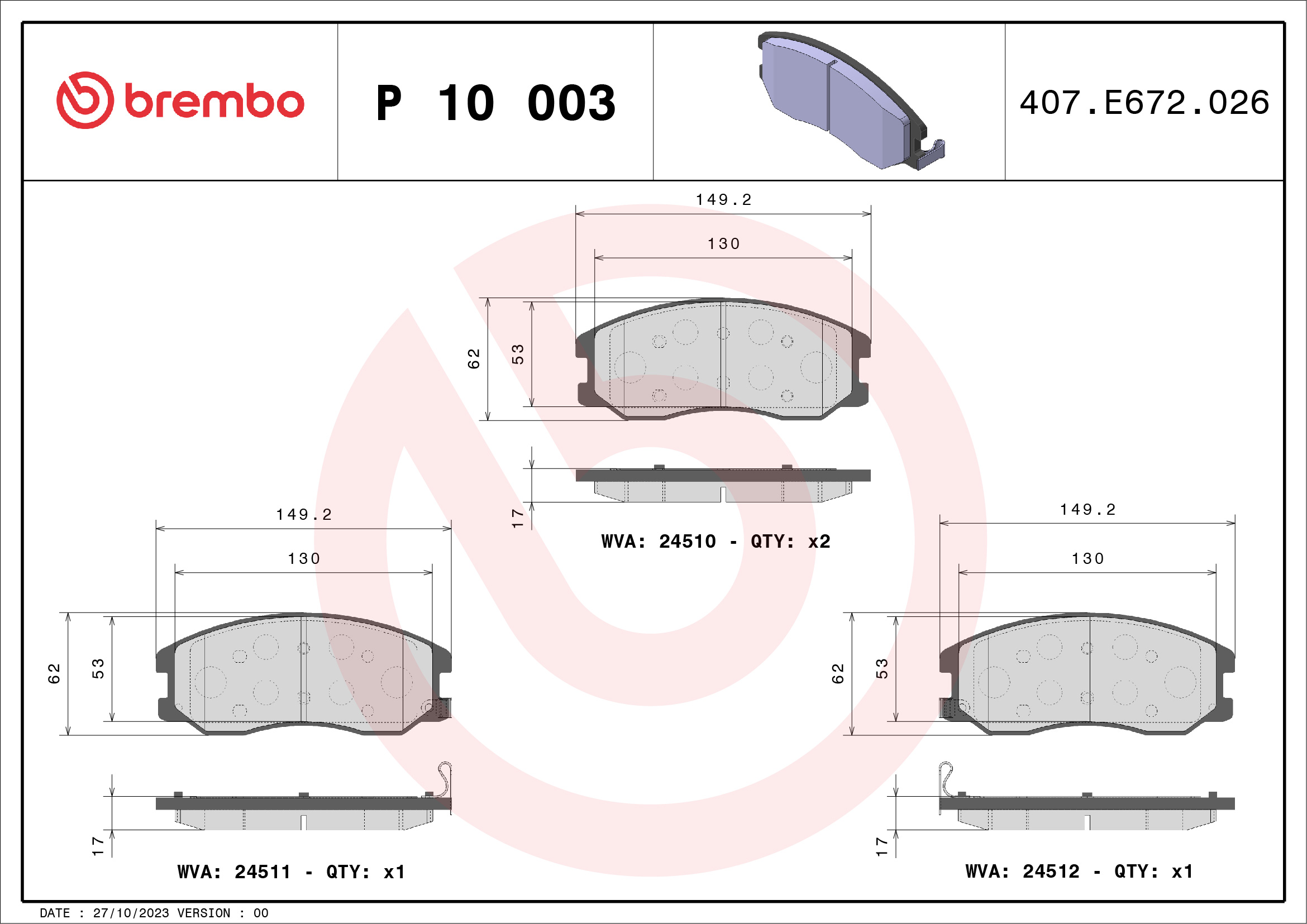 Brake Pad Set, disc brake (Front axle)  Art. P10003