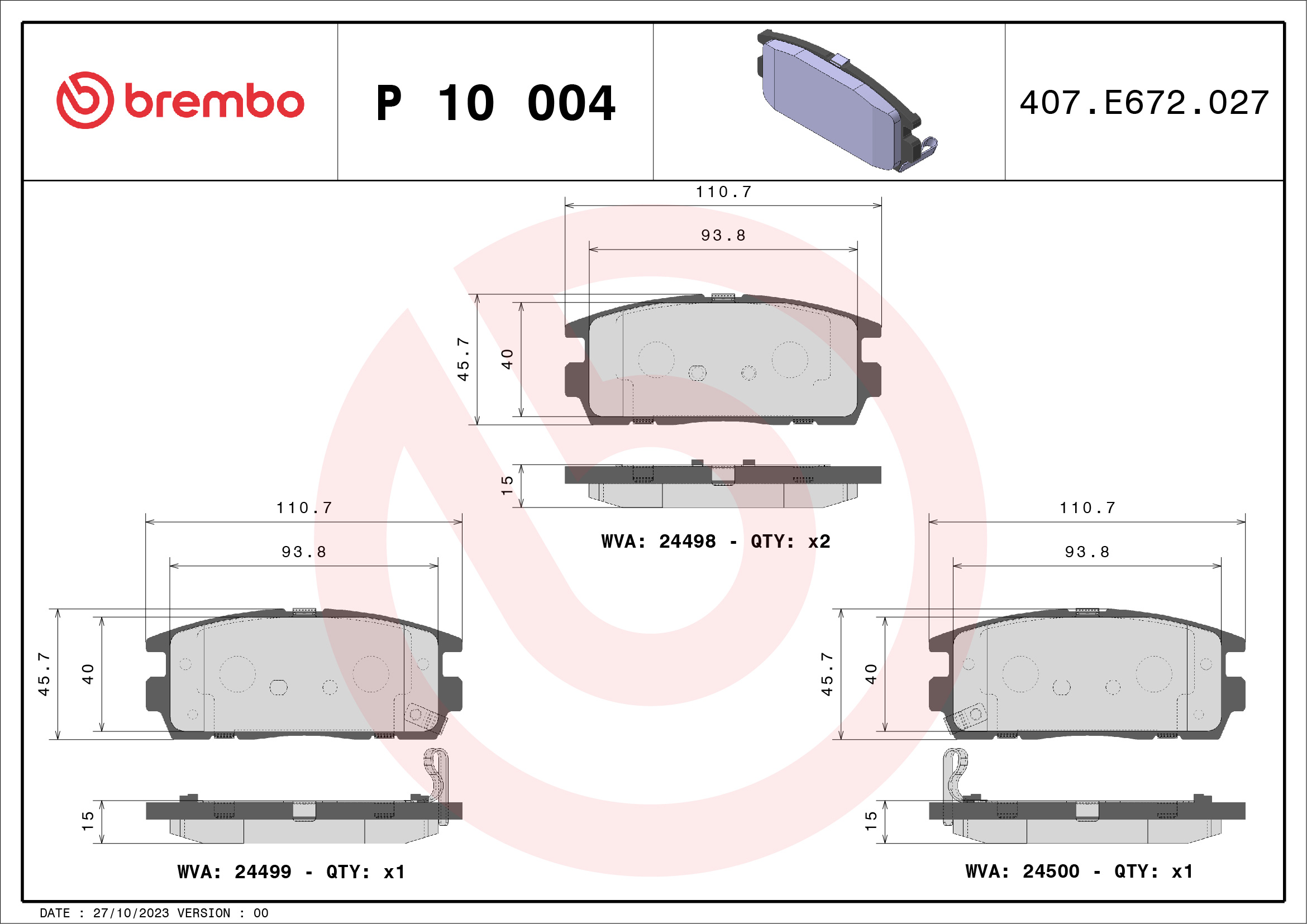 Brake Pad Set, disc brake (Rear axle)  Art. P10004