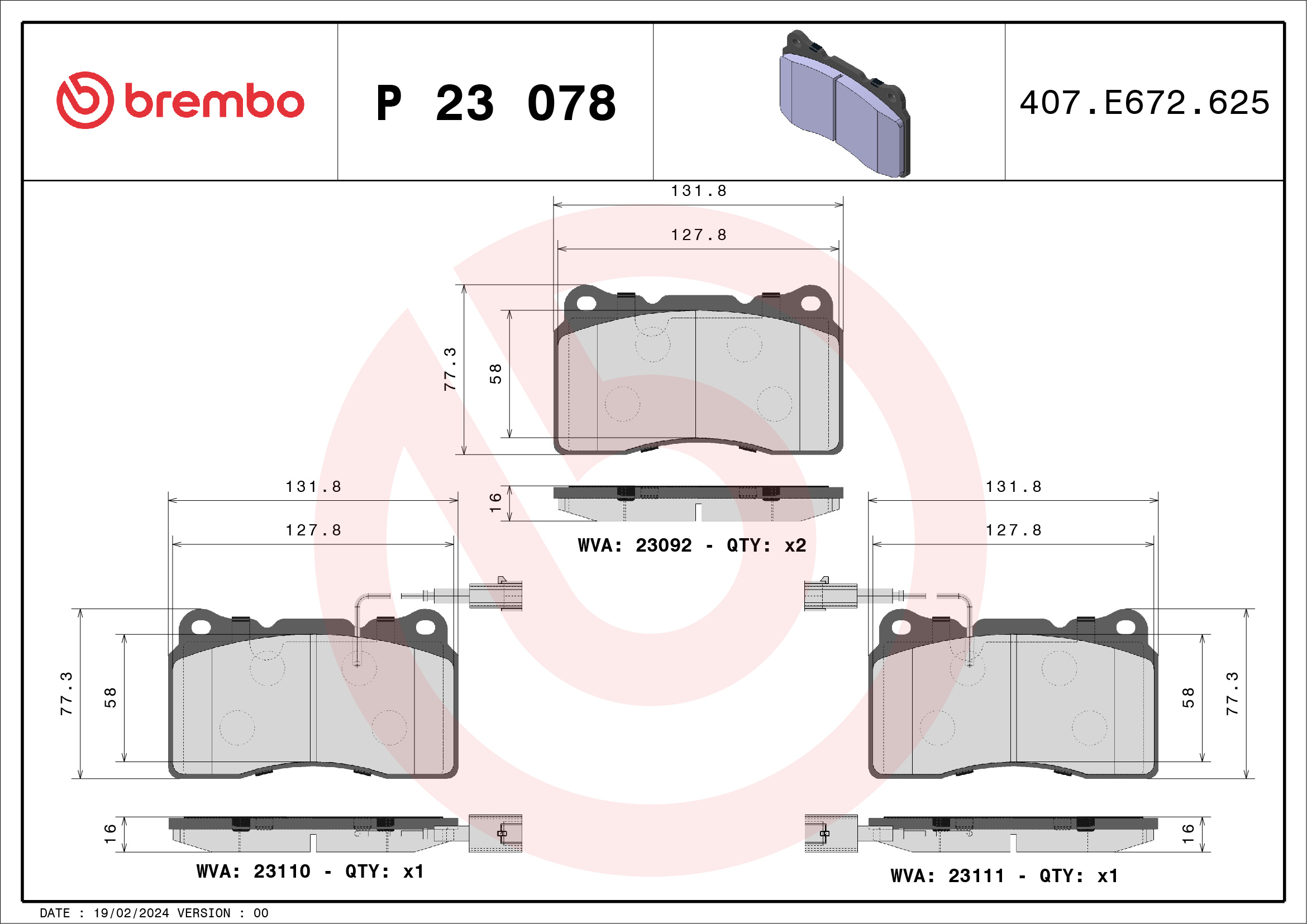 Brake Pad Set, disc brake (Front axle)  Art. P23078