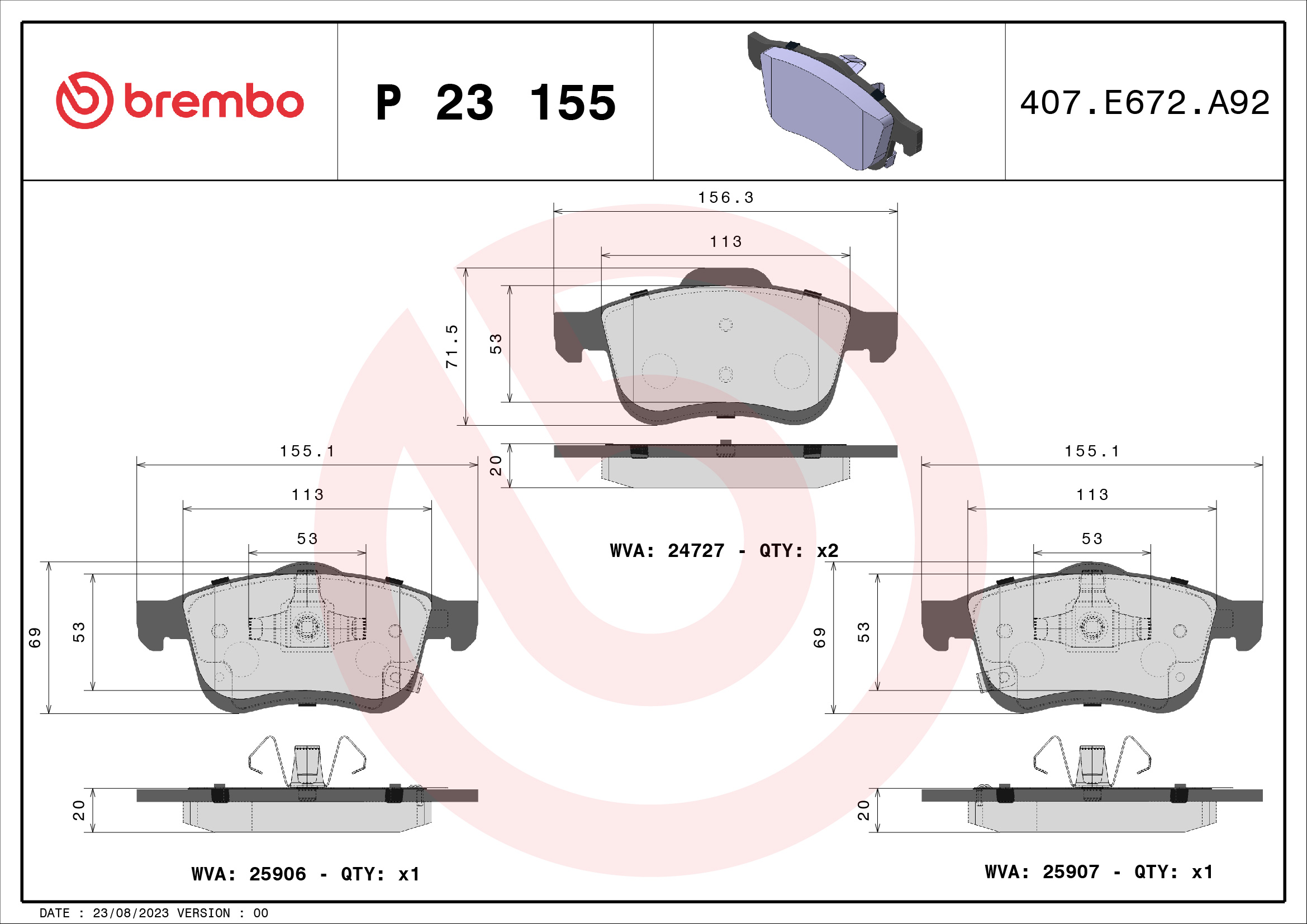 Brake Pad Set, disc brake (Front axle)  Art. P23155