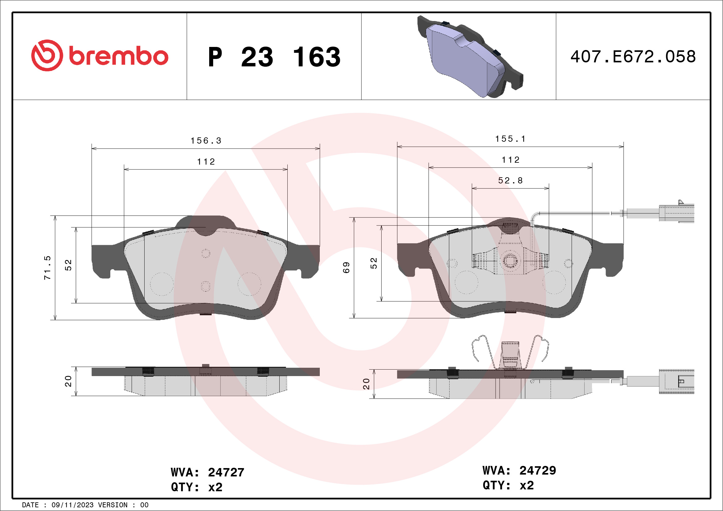 Brake Pad Set, disc brake (Front axle)  Art. P23163