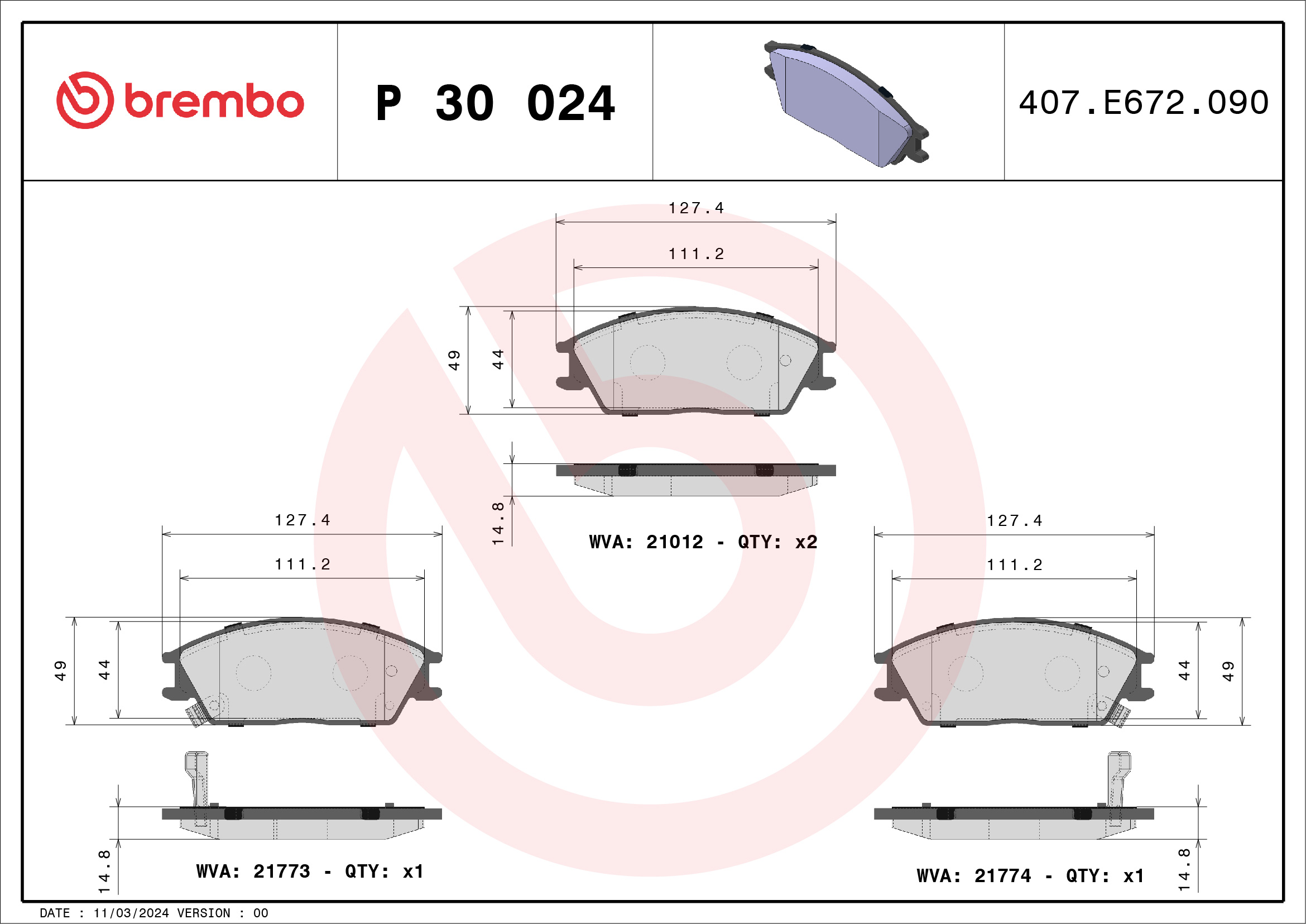 Brake Pad Set, disc brake (Front axle)  Art. P30024