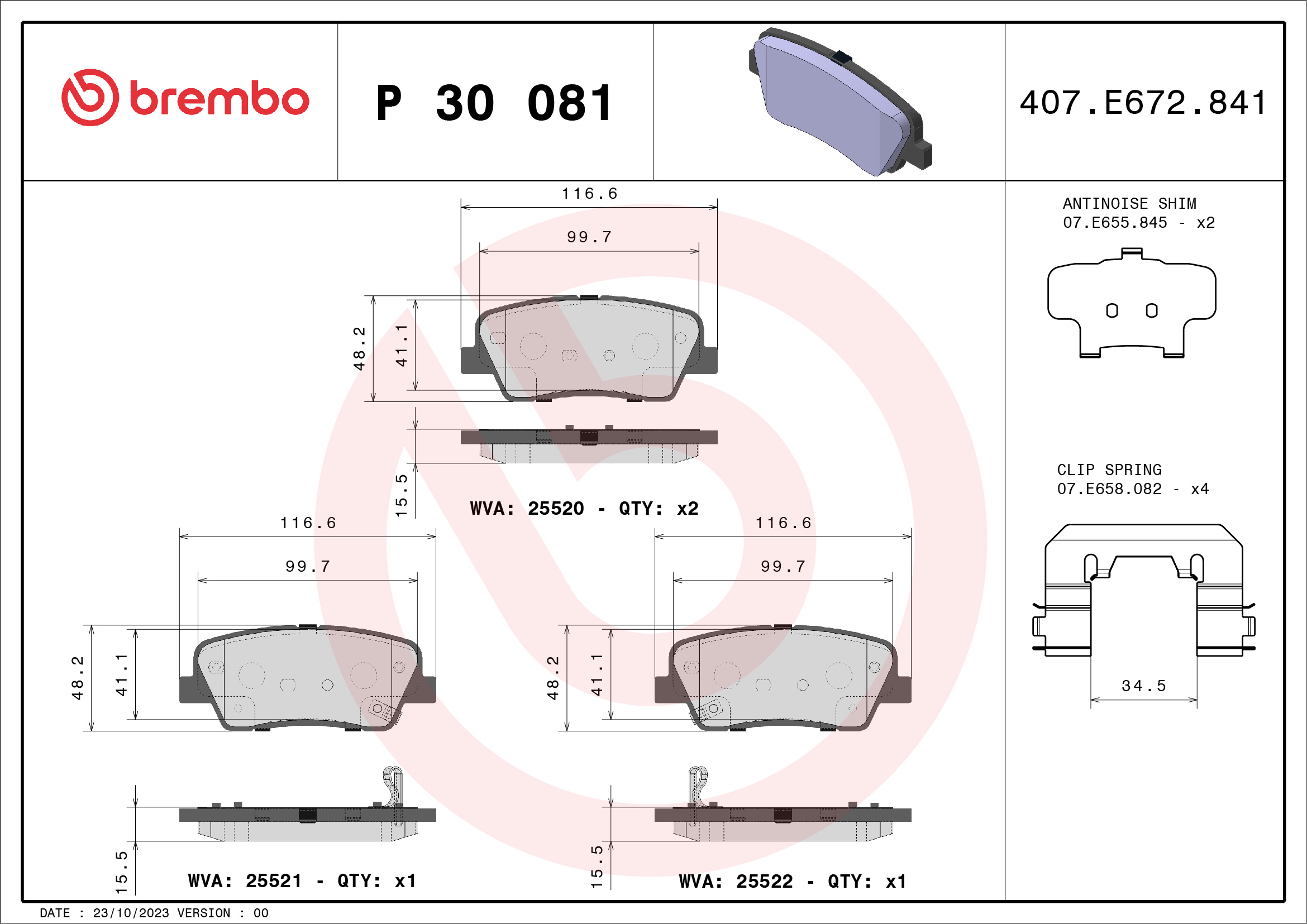 Brake Pad Set, disc brake (Rear axle)  Art. P30081