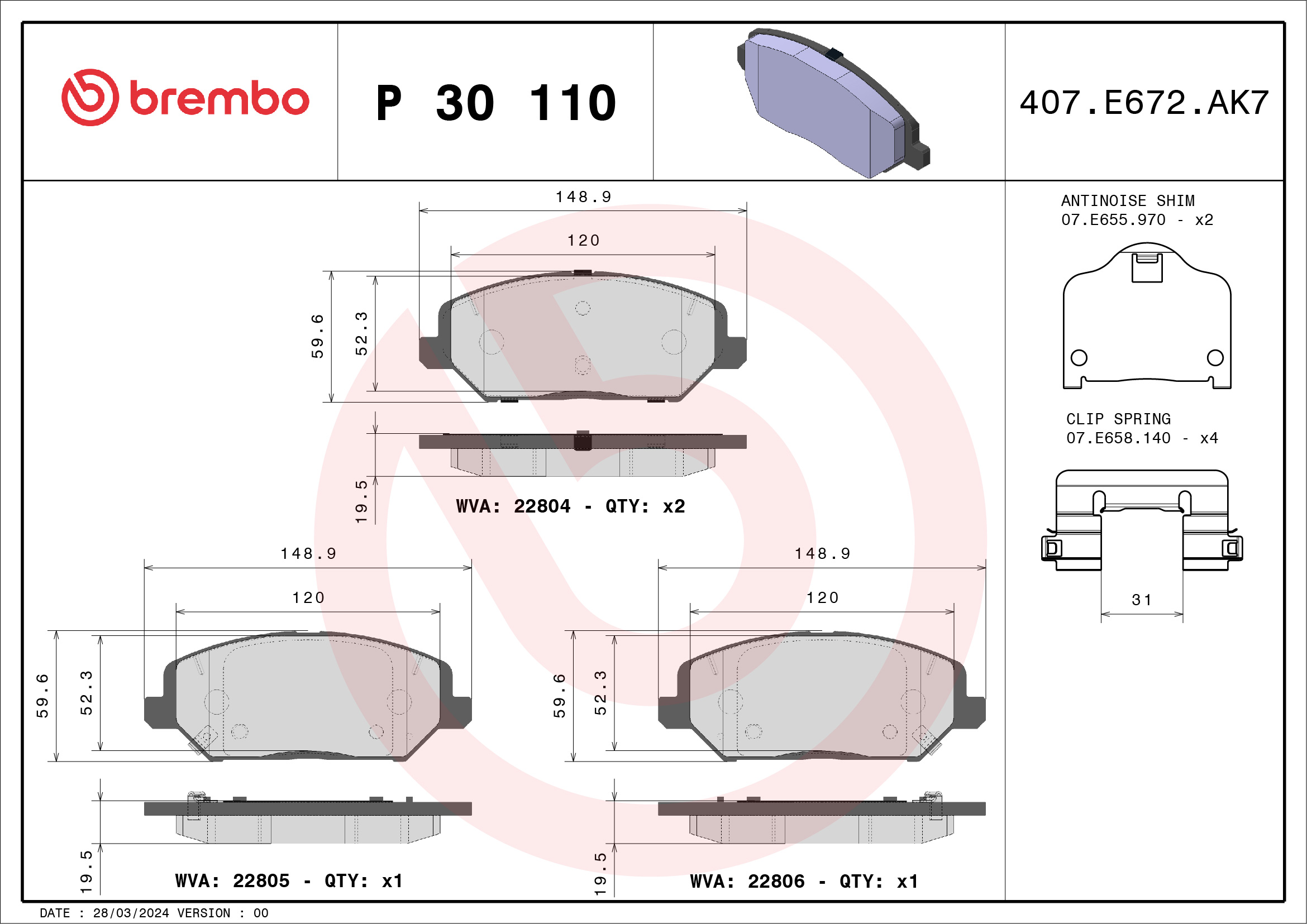 Brake Pad Set, disc brake (Front axle)  Art. P30110