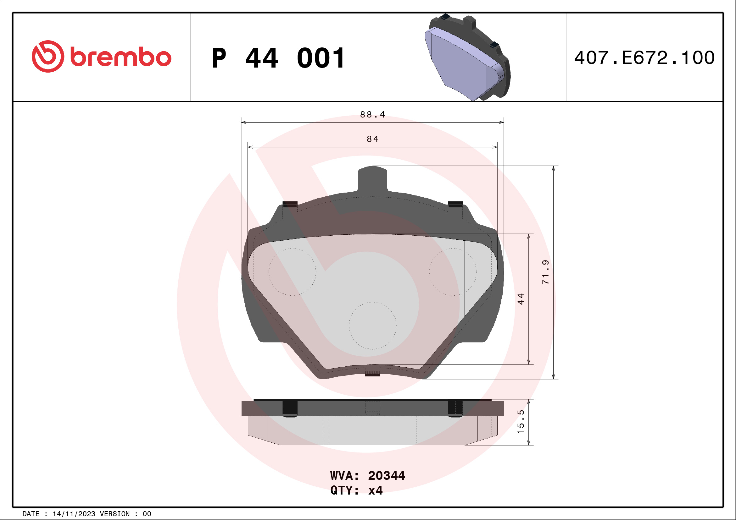 Brake Pad Set, disc brake (Rear axle)  Art. P44001