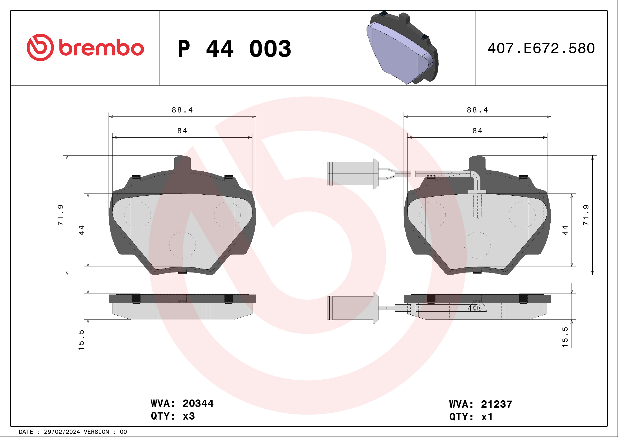 Brake Pad Set, disc brake (Rear axle)  Art. P44003