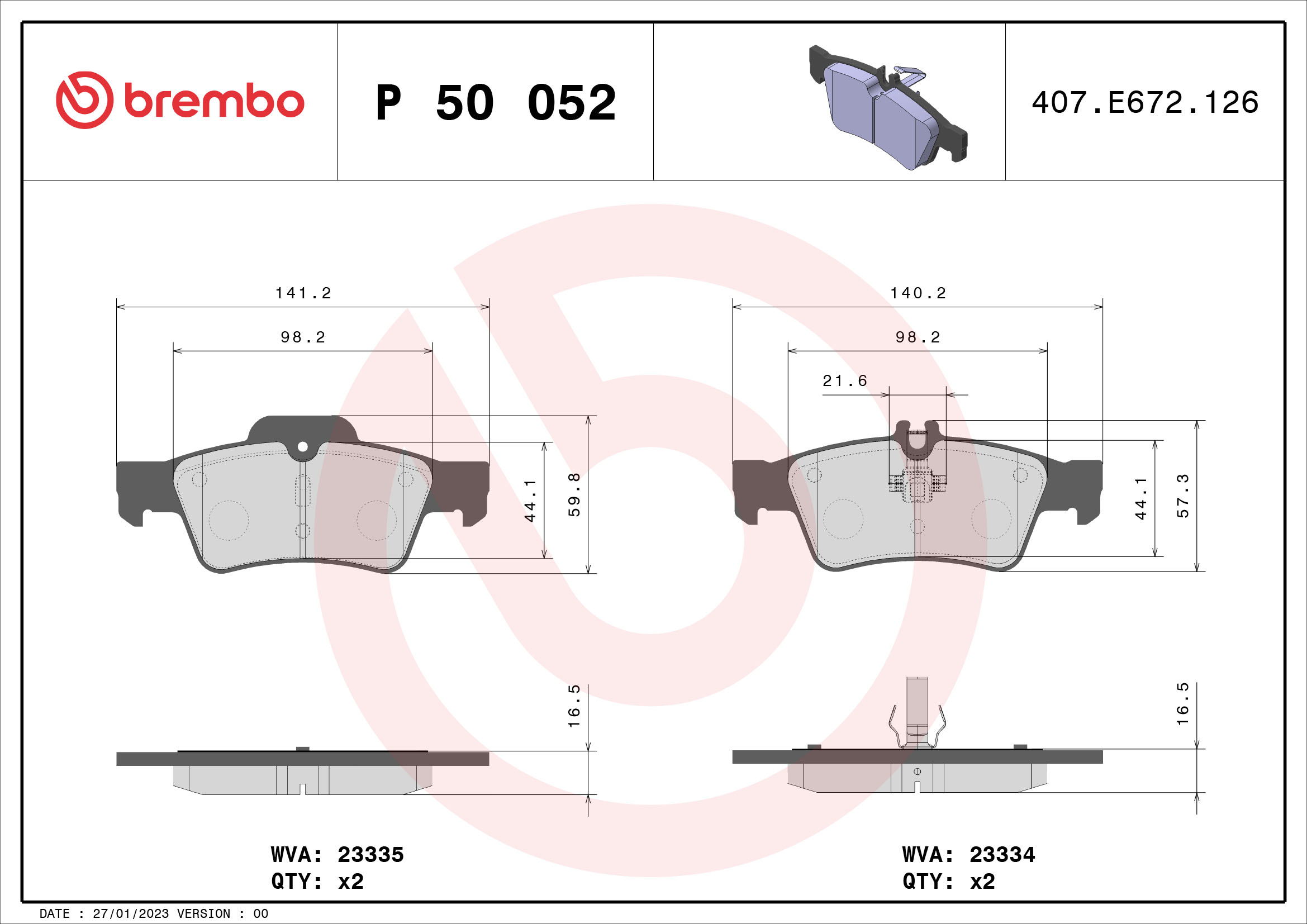 Brake Pad Set, disc brake (Rear axle)  Art. P50052