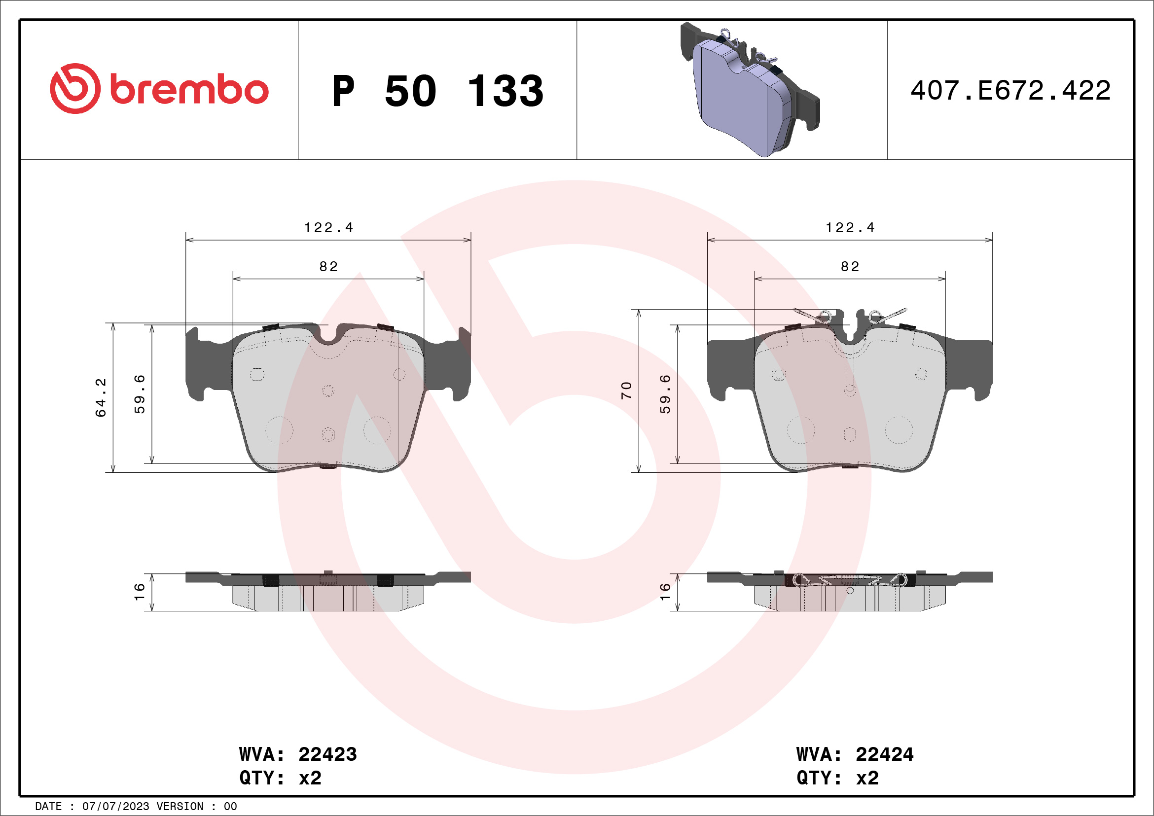 Brake Pad Set, disc brake (Rear axle)  Art. P50133