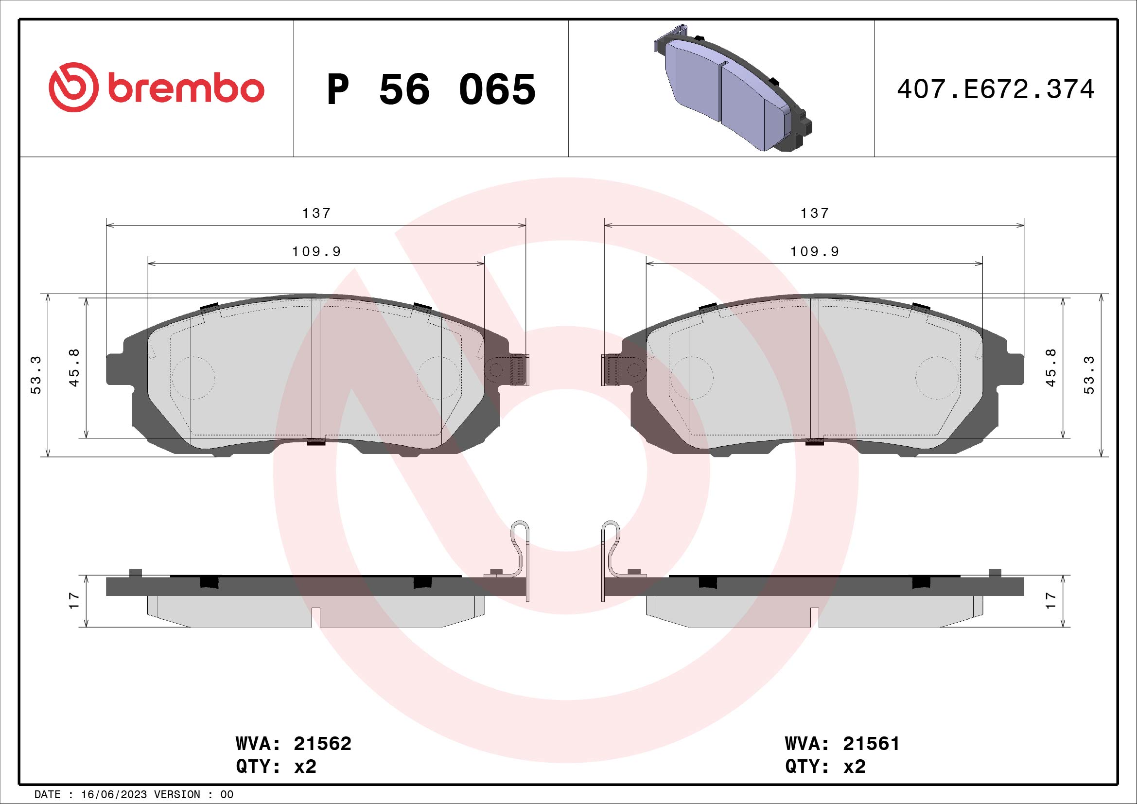 Brake Pad Set, disc brake (Front axle)  Art. P56065