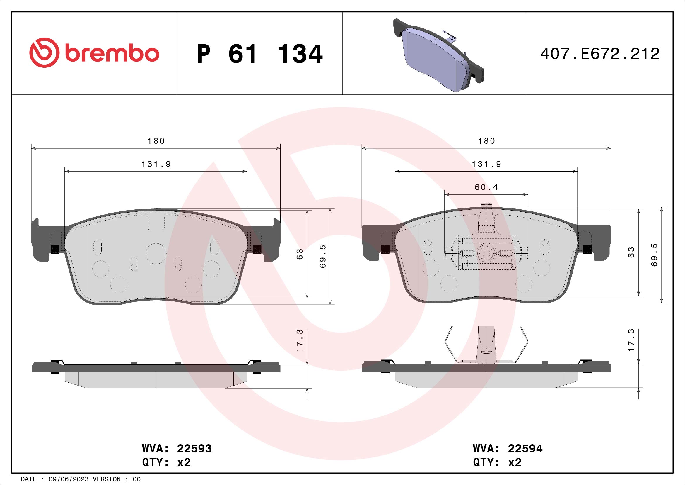 Brake Pad Set, disc brake (Front axle)  Art. P61134