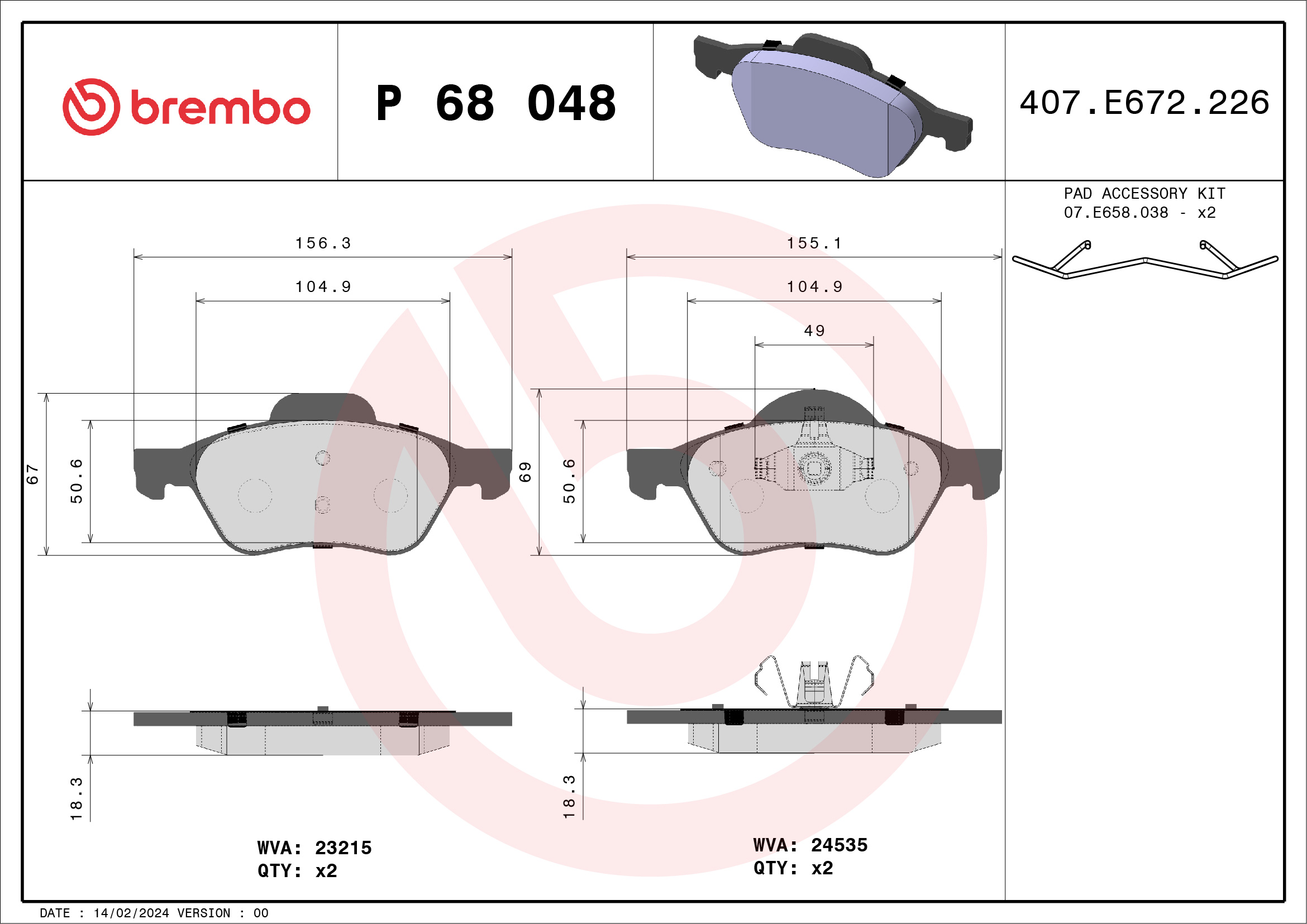 Brake Pad Set, disc brake (Front axle)  Art. P68048