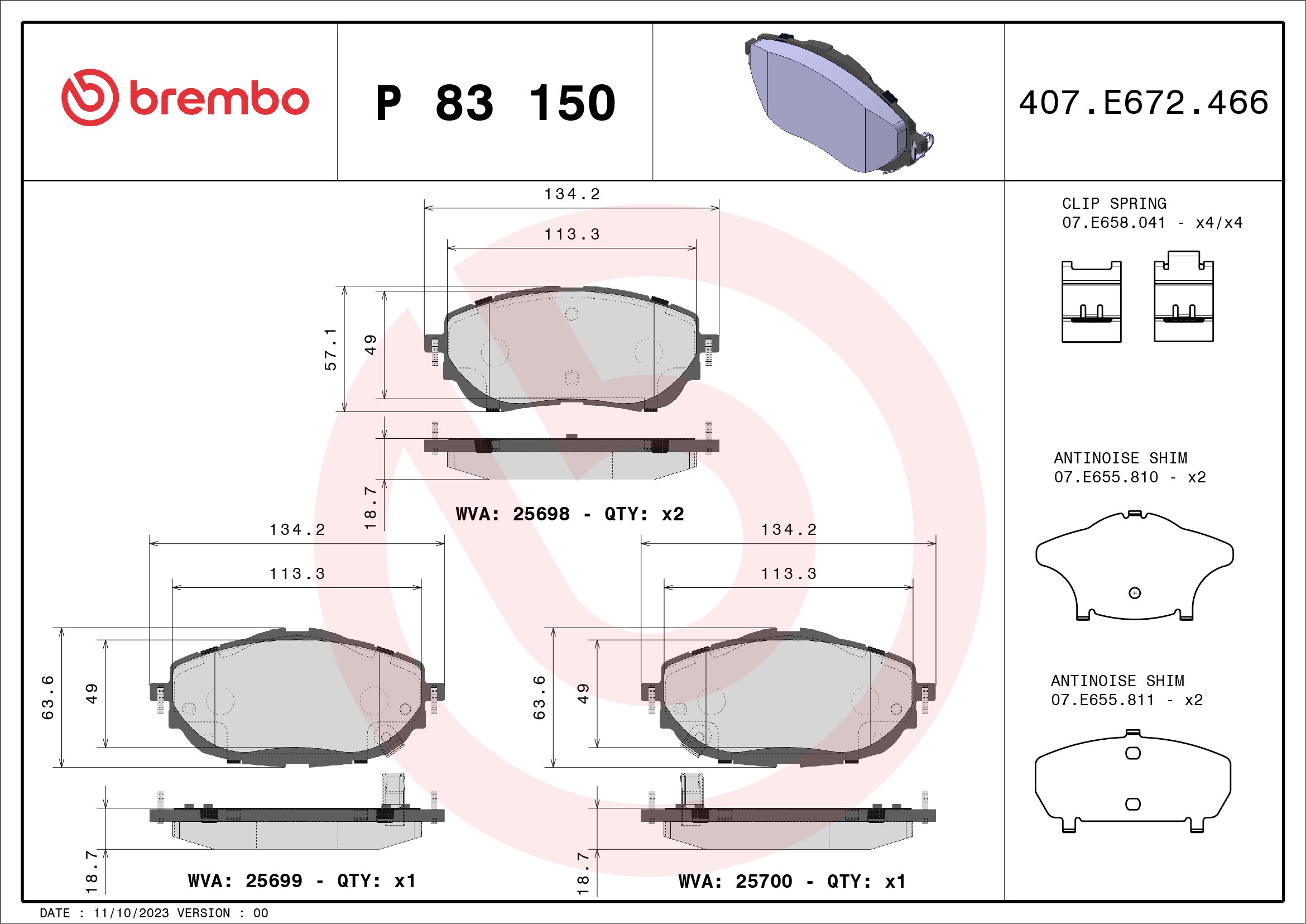 Brake Pad Set, disc brake (Front axle)  Art. P83150