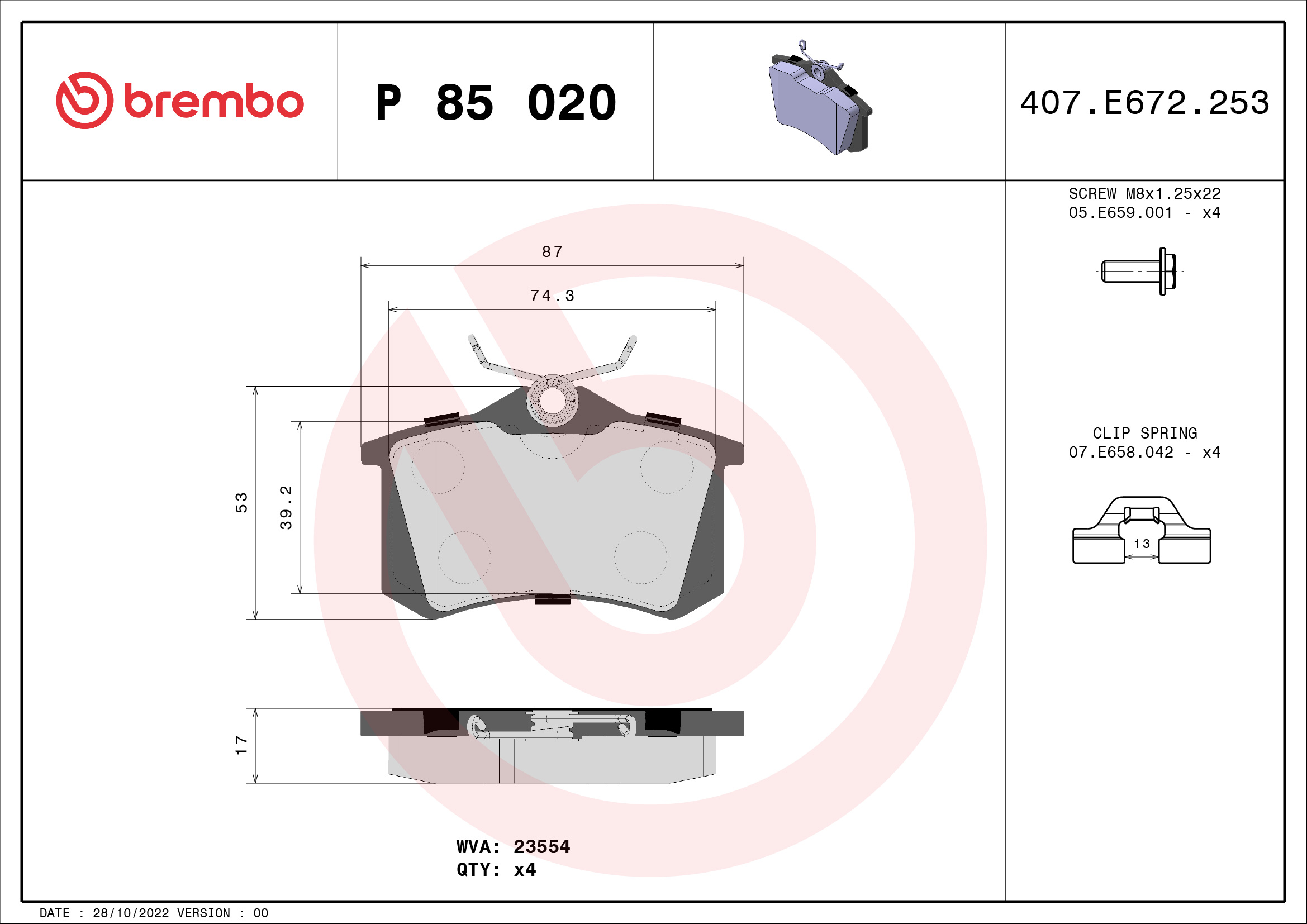 Brake Pad Set, disc brake (Rear axle)  Art. P85020