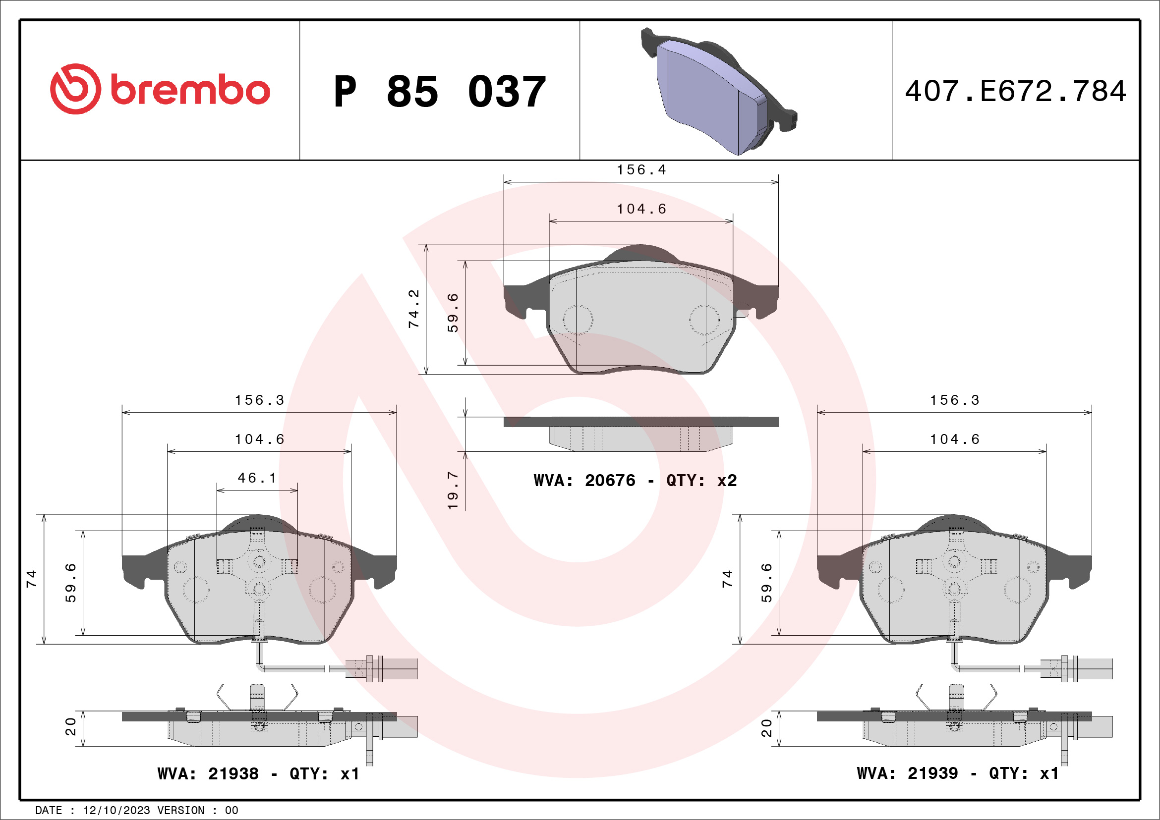 Brake Pad Set, disc brake (Front axle)  Art. P85037