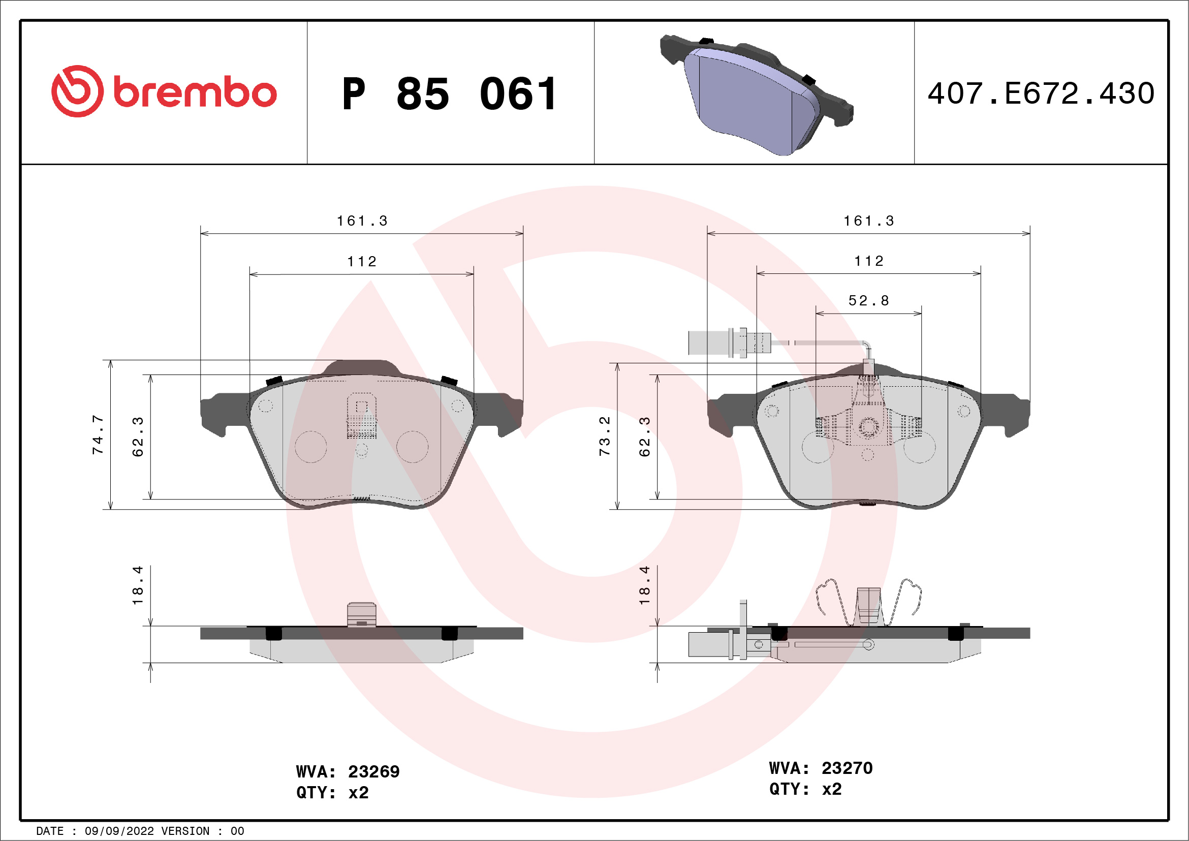 Brake Pad Set, disc brake (Front axle)  Art. P85061