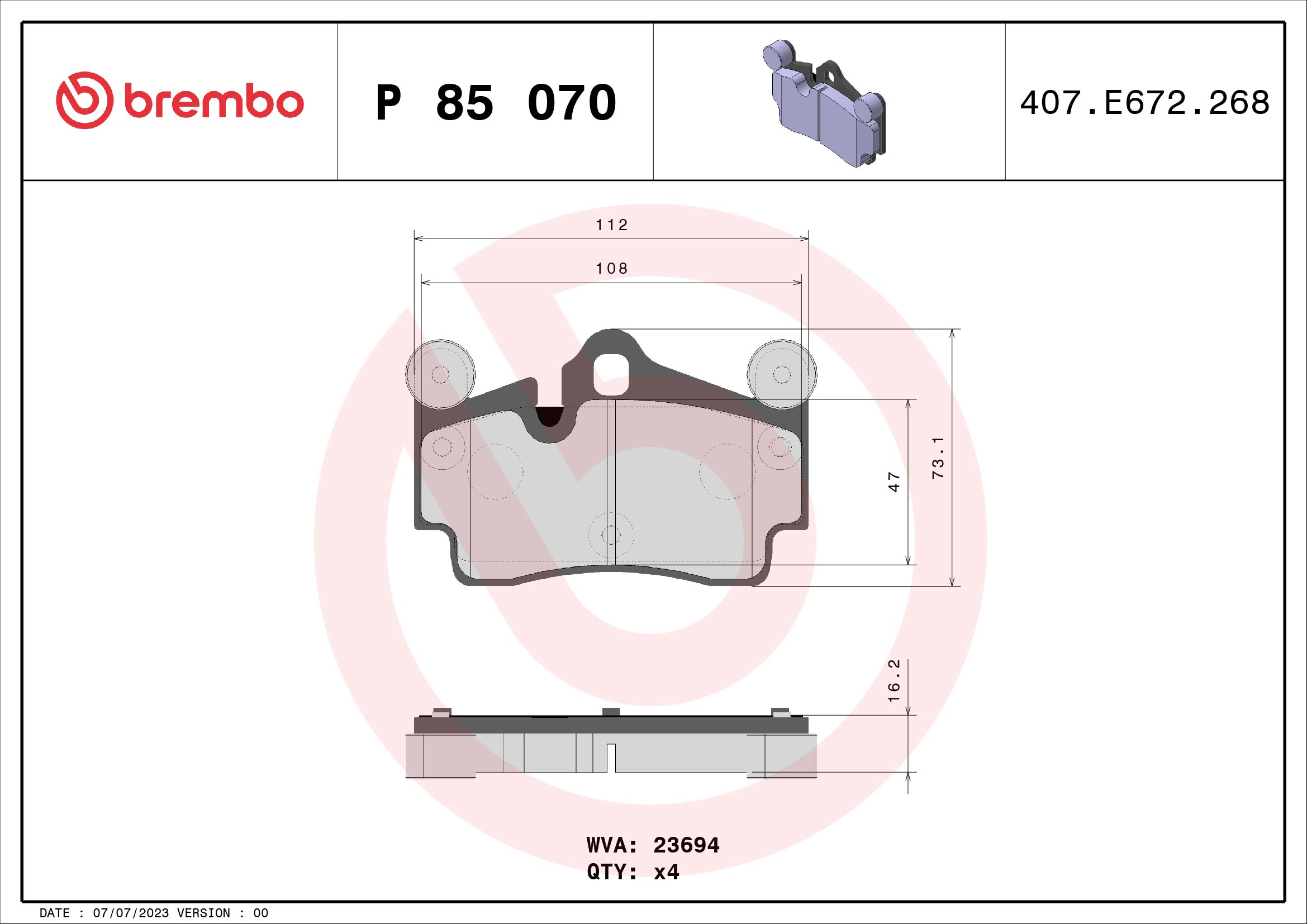 Brake Pad Set, disc brake (Rear axle)  Art. P85070