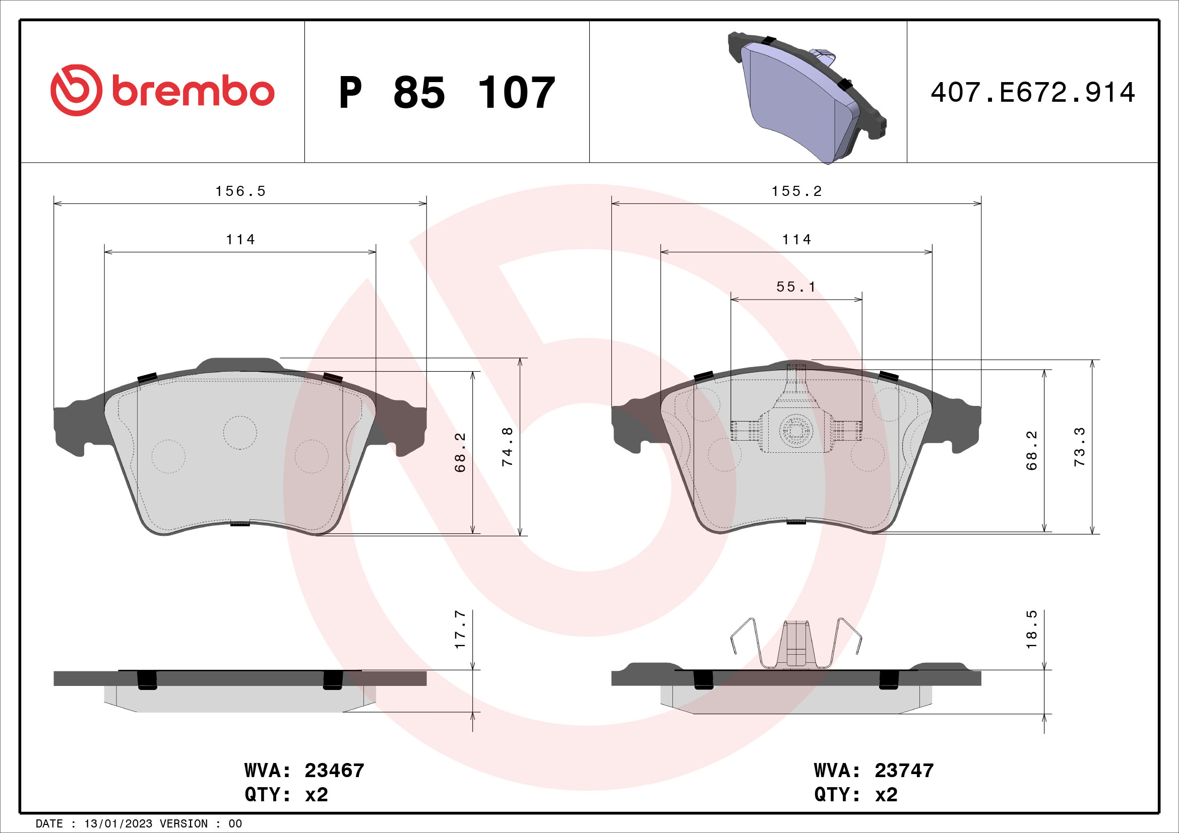 Brake Pad Set, disc brake (Front axle)  Art. P85107