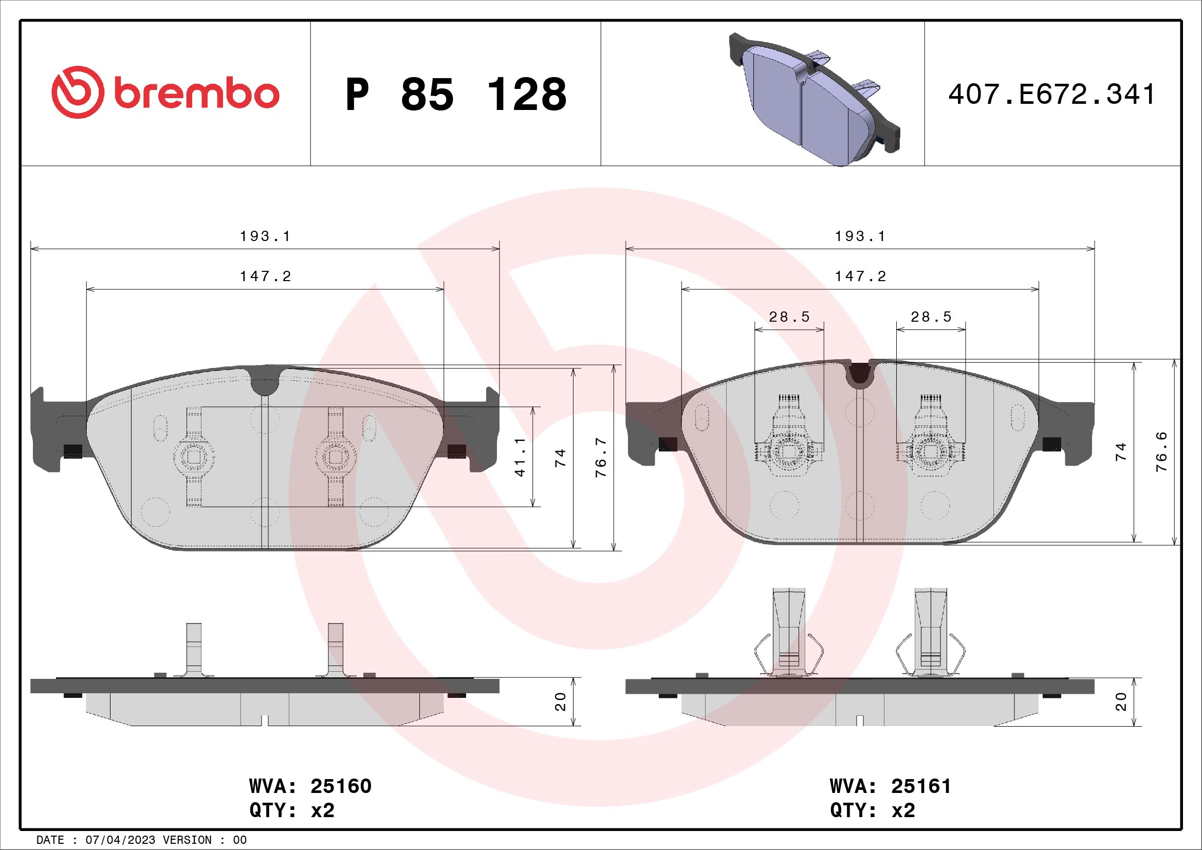 Brake Pad Set, disc brake (Front axle)  Art. P85128