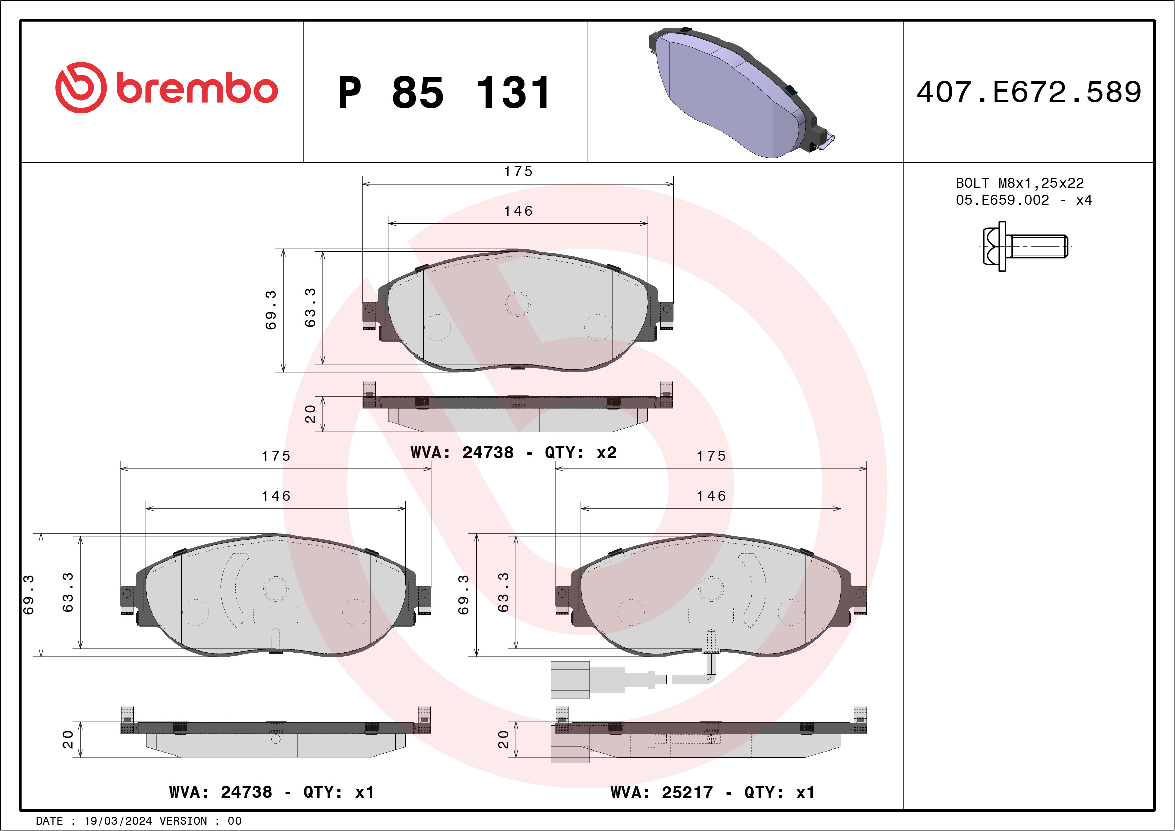 Brake Pad Set, disc brake (Front axle)  Art. P85131