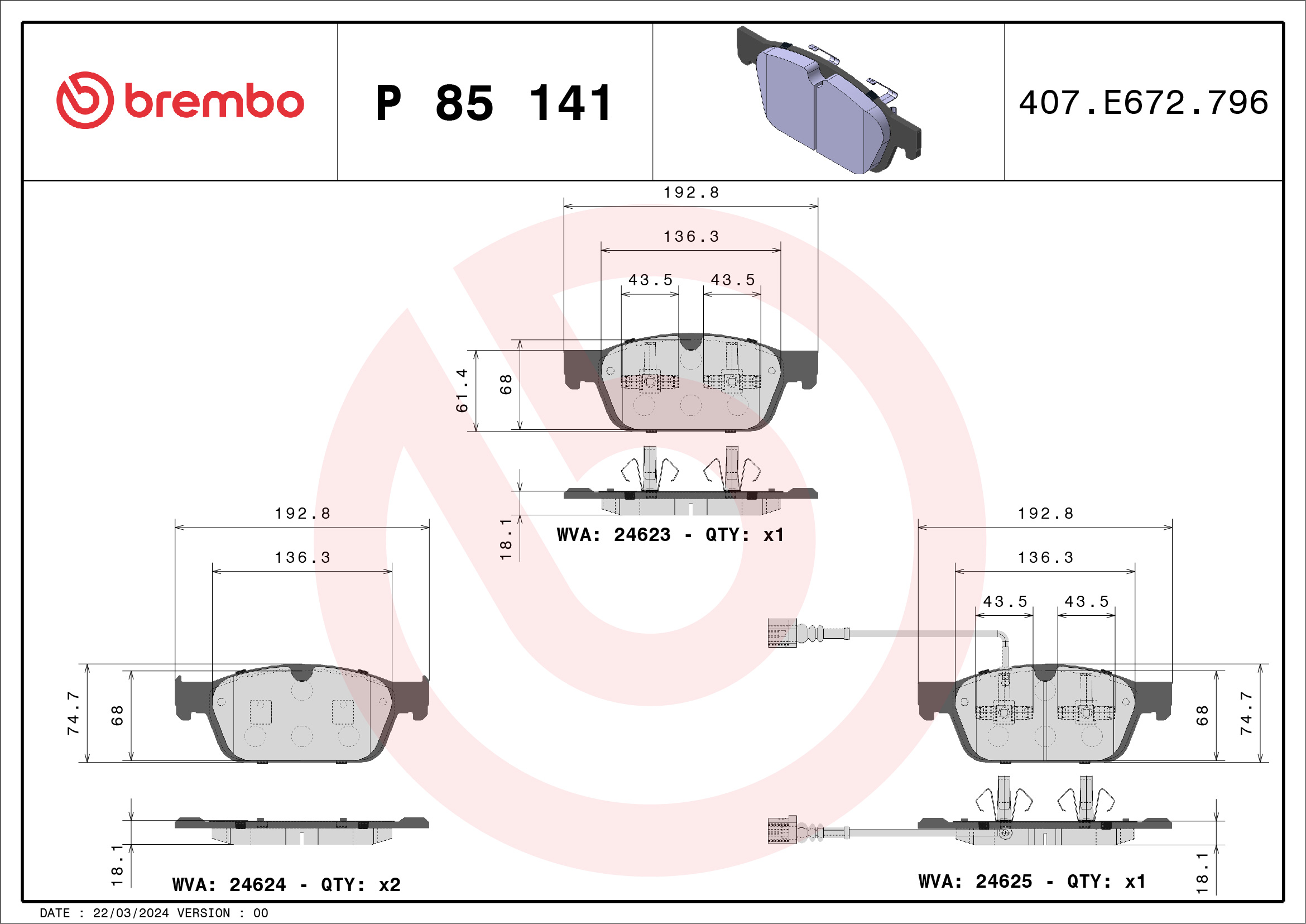 Brake Pad Set, disc brake (Front axle)  Art. P85141