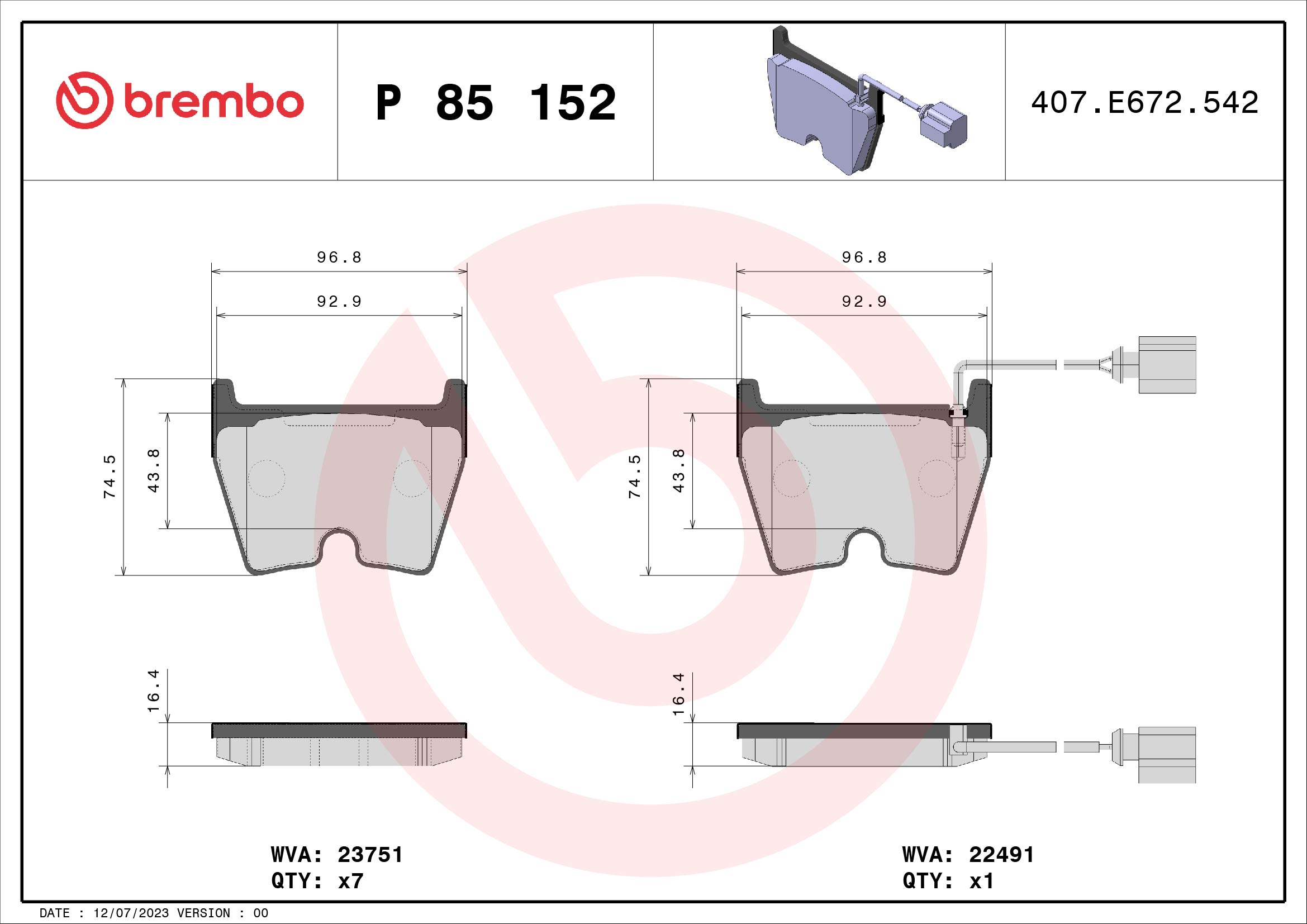 Brake Pad Set, disc brake (Front axle)  Art. P85152