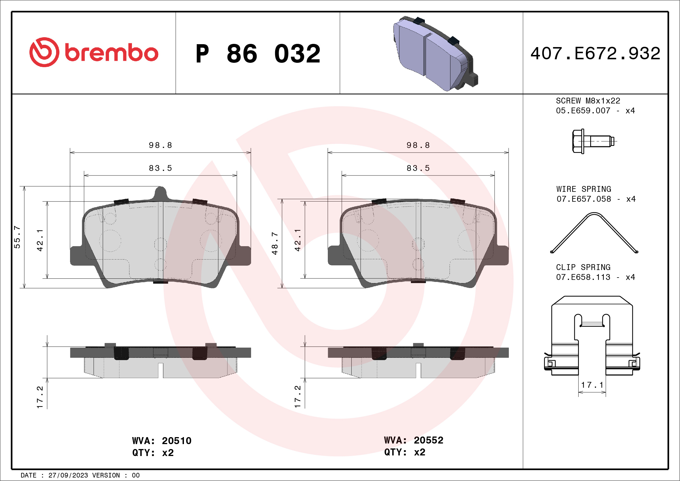 Brake Pad Set, disc brake (Rear axle)  Art. P86032