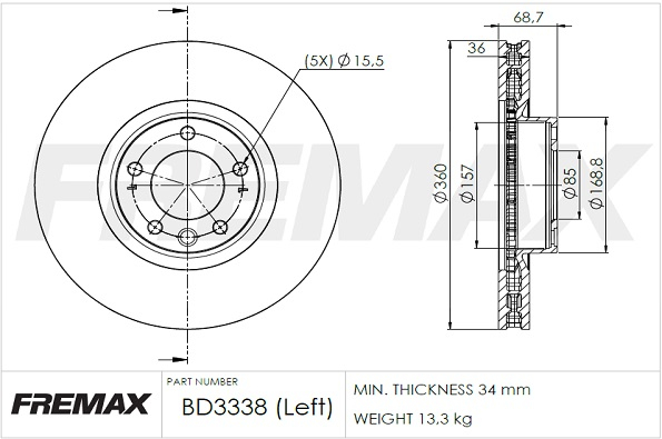 Brake Disc (Front axle, left)  Art. BD3338